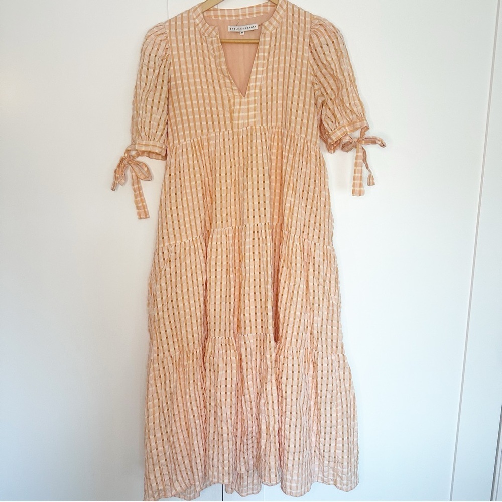 English factory Gingham Tiered Midi Dress Bow Tie Sleeves Orange XS pockets pink - Picture 6 of 14